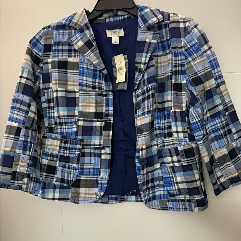 LOFT Navy and Light Blue Plaid Blazer